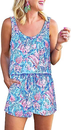 RAISEVERN Womens Rompers Jumpsuits Sleeveless 3D Printed Camisole Tank Top Short Pants Rompers | Amazon (US)