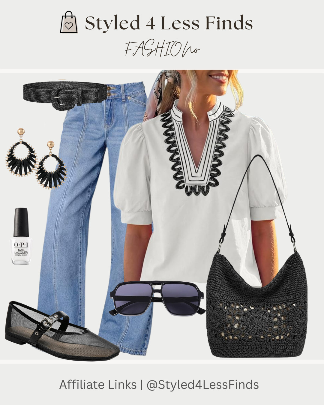 ✨ Black, white, and denim is a combination that never goes out of style! This effortlessly chic look pairs a beautiful embroidered blouse with relaxed denim and sophisticated black accessories for a polished outfit that's perfect for everything from brunch to weekend errands.

🖤 The intricate embroidery adds the perfect statement touch, while the woven bag and mesh flats keep the look modern and on-trend.

💡 Style Tip: Create a balanced outfit by repeating one accent color throughout your accessories. Matching your shoes, bag, belt, and earrings in the same shade instantly makes any look feel more intentional and elevated. 

 #LTKcanada #LTKsummer #LTKover50style