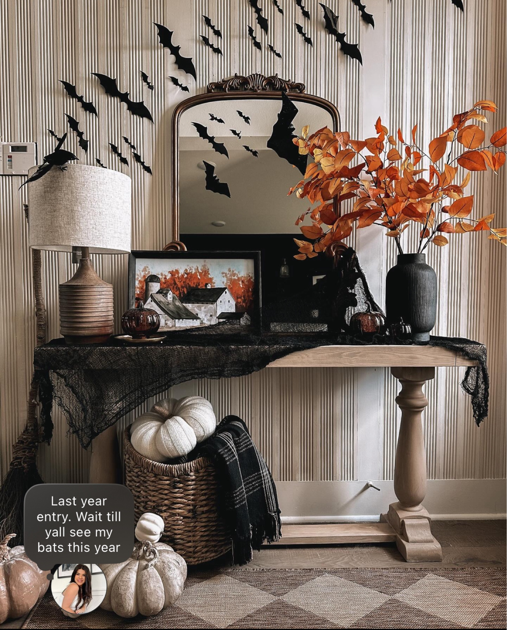 Halloween entry inspo! My favorite entry yet. Stay tuned for this year! #fall #halloween #tables #fauxflorals #mirrors 

#LTKFallSale #LTKHome #LTKSeasonal