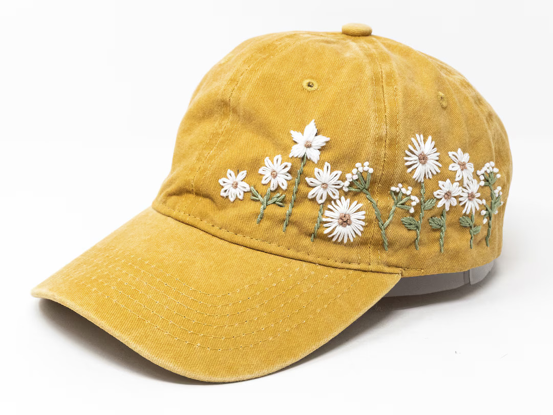 Floral Essence: Hand-embroidered Blossom Daisy in Mustard Yellow Baseball Cap for Exquisite Style... | Etsy (US)