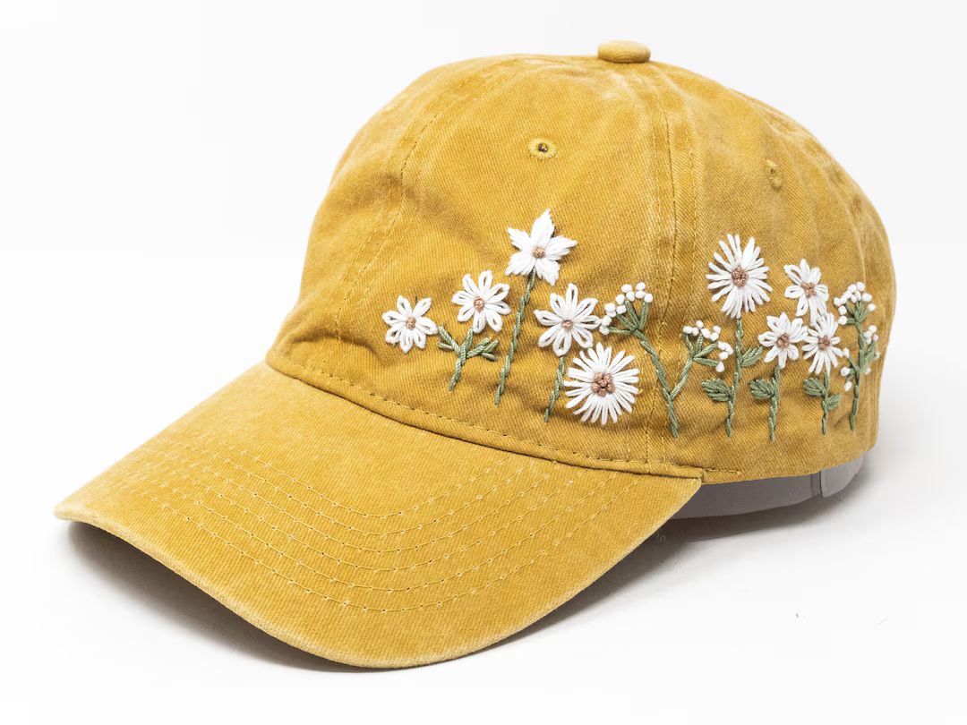 Floral Essence: Hand-embroidered Blossom Daisy in Mustard Yellow Baseball Cap for Exquisite Style... | Etsy (US)