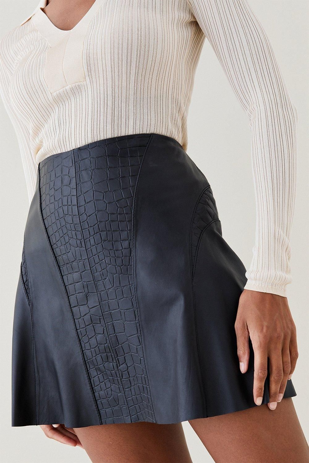 Leather Croc Panelled Flippy Hem Mini Skirt | Karen Millen US