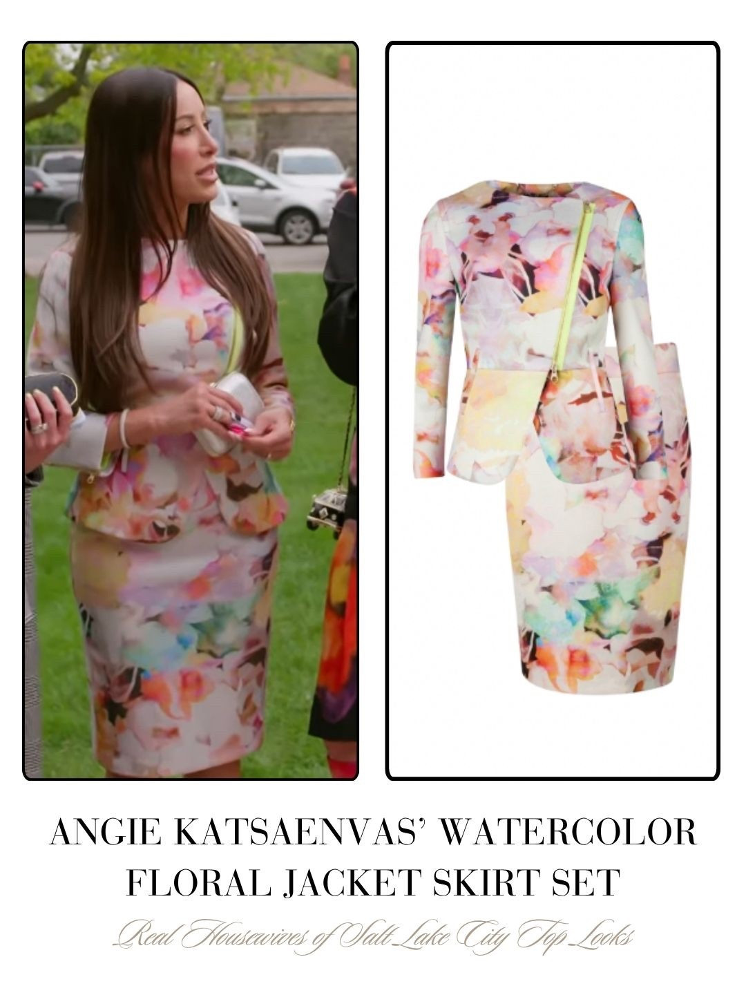 Angie Katsanevas’ Watercolor Floral Jacket and Skirt Set 