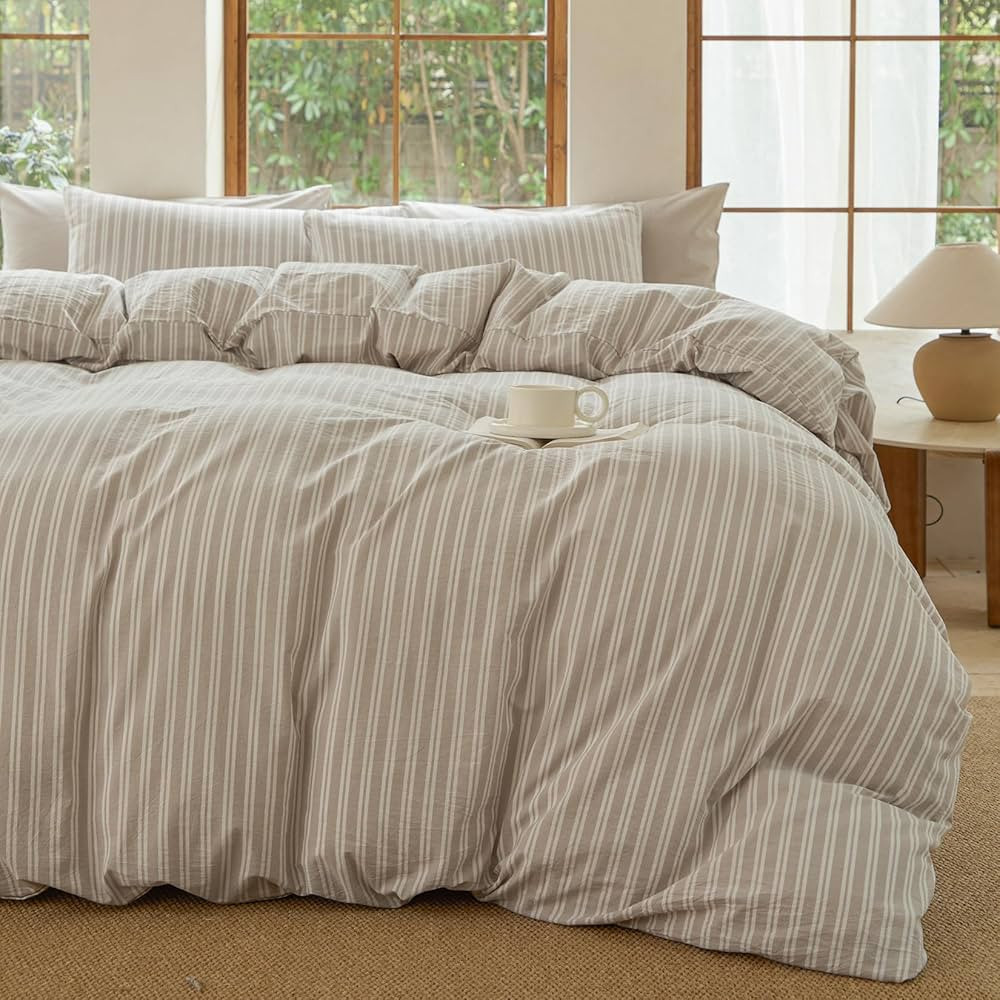 Striped Duvet Cover Set,100% Washed Cotton Linen Like Comforter Cover,Breathable,Durable,Comfy(St... | Amazon (CA)
