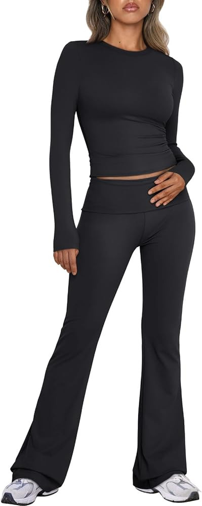 Trendy Queen Lounge Sets For Women 2 Piece Outfits Long Sleeve Shirts and Fold Over Yoga Pants Tw... | Amazon (US)