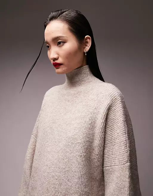 Topshop knitted funnel neck long line sweater in oat | ASOS (Global)