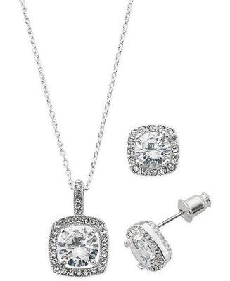 Macy's Silver Plate Cubic Zirconia Necklace and Stud Earring Set, 18 | Macys (US)