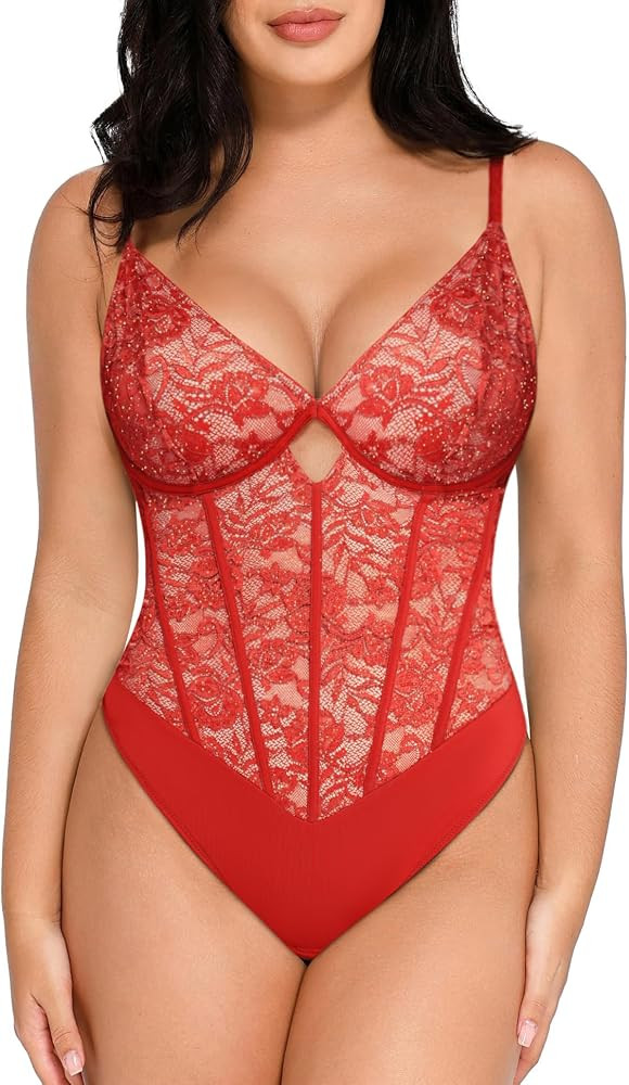 Popilush Lace Bodysuit Shapewear Tummy Control Big Bust V Neck Corset Body Suits Sleeveless Going... | Amazon (US)