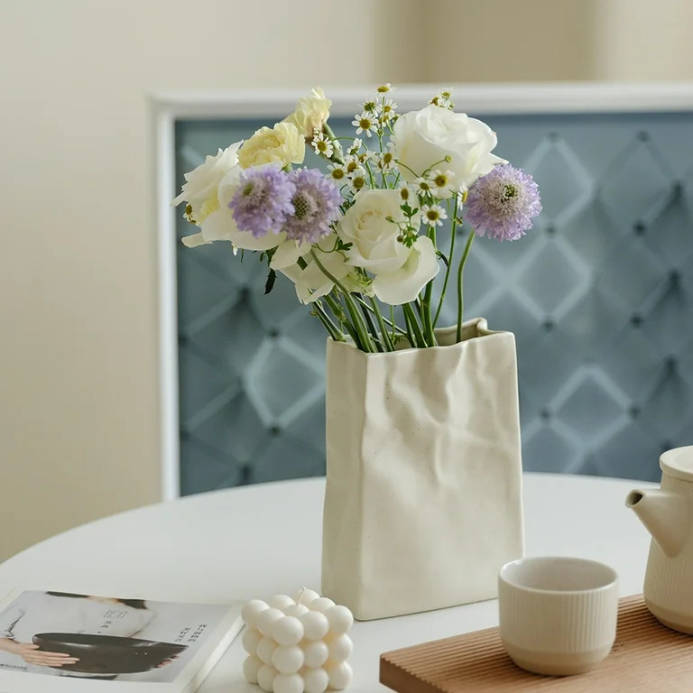 WENSHUO Crinkle Paper Bag Ceramic Vase,Large Vase for Flower Arrangement, Flower Vase for Home De... | Walmart (US)