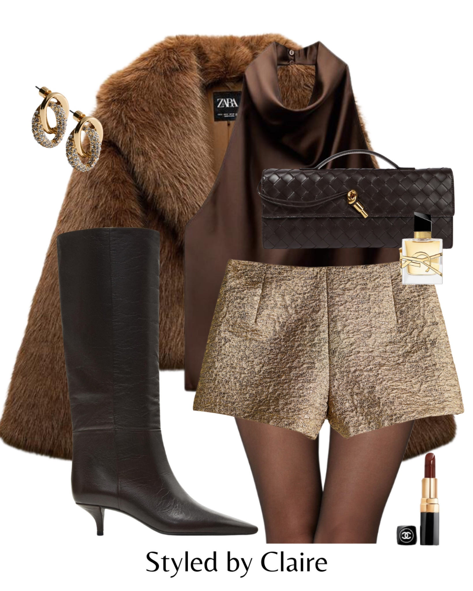 Obsessed with this gold Christmas party outfit🥂
Tags: knee high boots chocolate brown faux fur coat halter neck top bottega clutch bag earrings shimmery sequin shorts zara fashion night out festive inspo ideas Paris style chic women’s 

#LTKpartywear #LTKstyletip