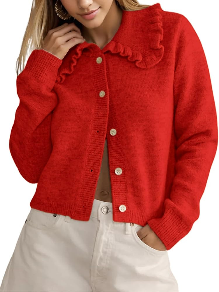 InterNos Womens Y2k Ruffled Collar Cardigan Sweaters Classic Button Down Long Sleeves Fall Sweate... | Amazon (US)