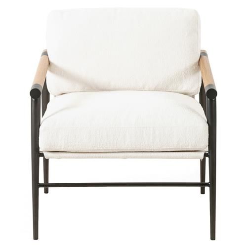 Zander Mid Century White Performance Brown Oak Black Steel Occasional Arm Chair | Kathy Kuo Home