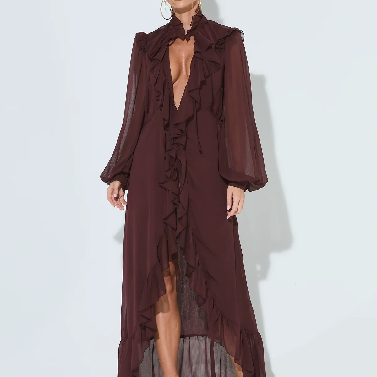 ALVARO Brown Ruffle Maxi Dress | Noughts and Kisses