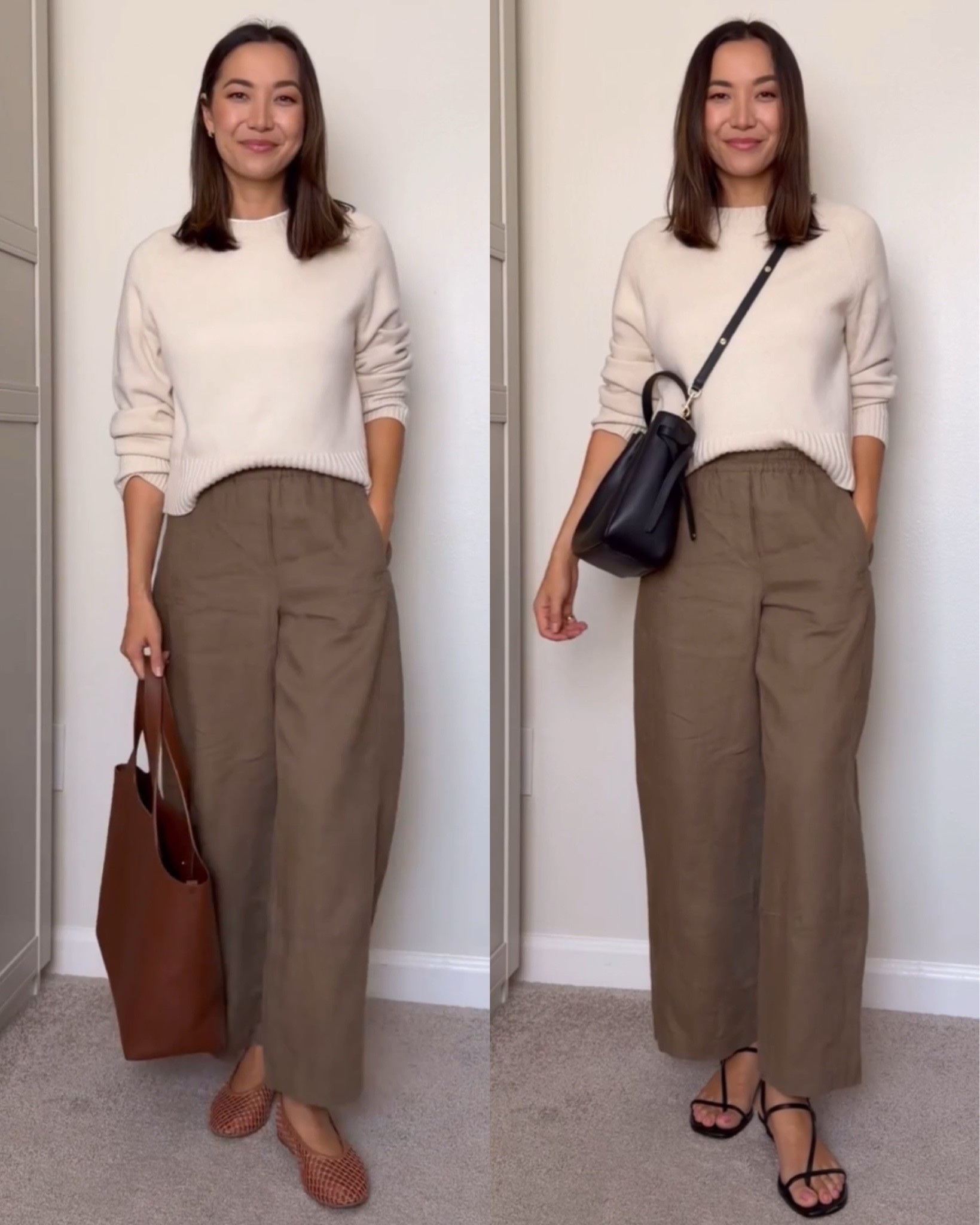 Two ways to style the br mid rise relaxed pants 

Br pants — wearing xs 
Everlane boxy cut cashmere sweater — xs 
Calvin Klein mesh flats 
Cuyana tote bag 
Tory Burch romy leather bucket tote — buttery soft, can be worn 2 ways 
Madewell maycie strappy sandals 

Relaxed summer outfits / outfit inspo

#LTKootd