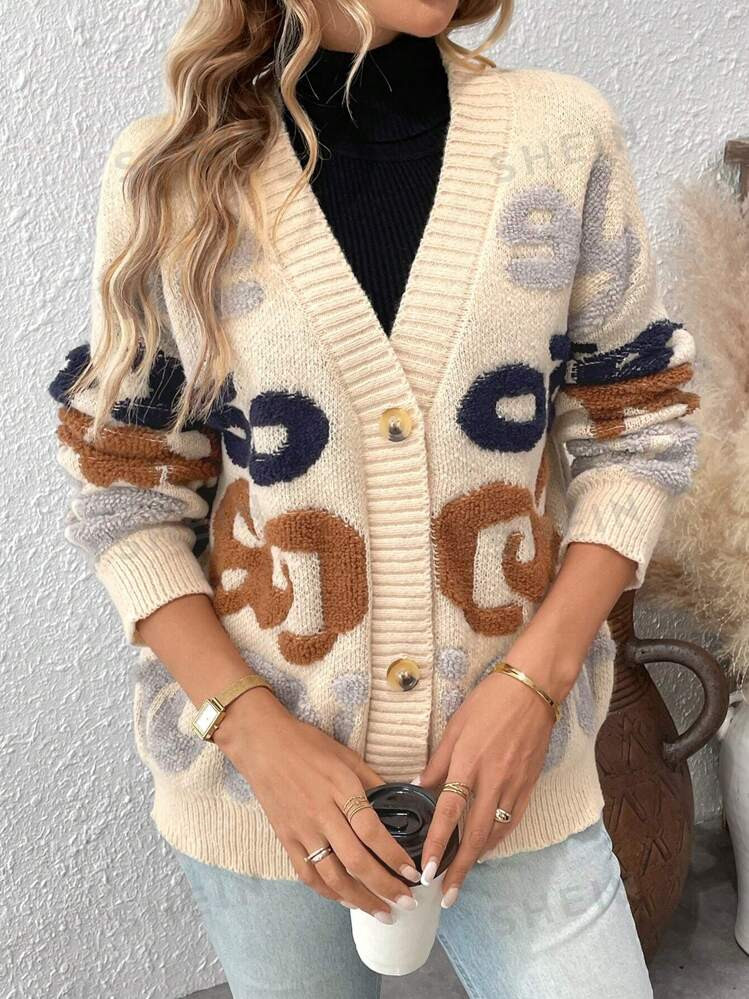 SHEIN Essnce Front Button Long Sleeve Letter Pattern Simple Casual Top | SHEIN