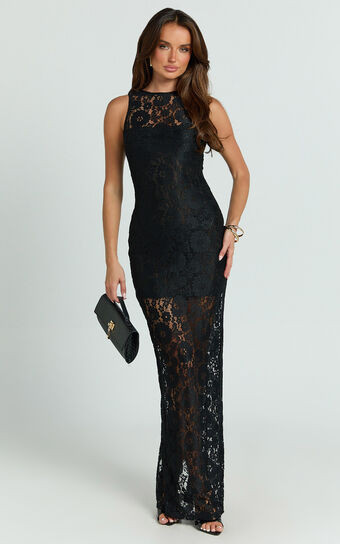 Rimona Maxi Dress - Lace High Neck Bodycon Dress in Black | Showpo (US, UK & Europe)
