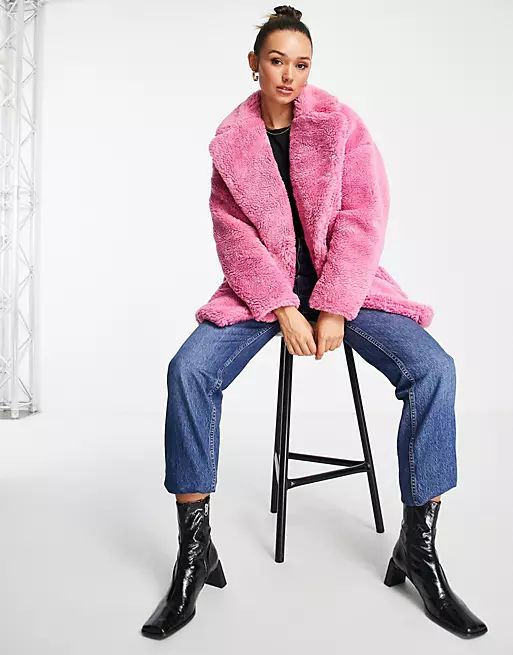 Topshop teddy midi coat with patch pockets in pink | ASOS (Global)