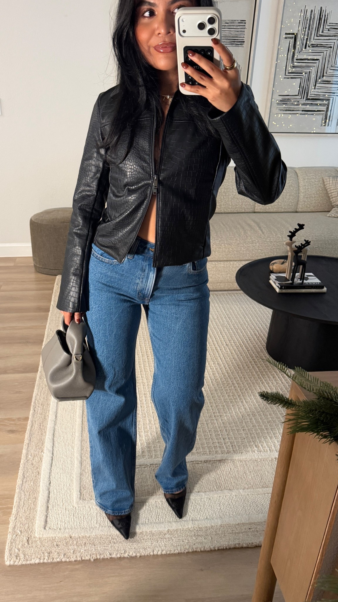 Snake leather jacket that doubles as a top! Wearing a XS jacket and 27 jeans!