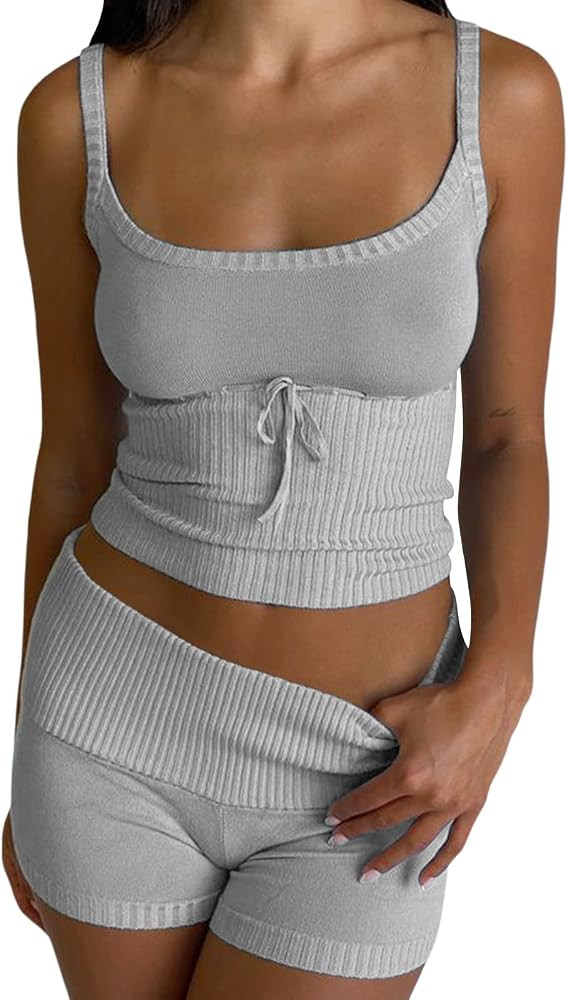 Yuemengxuan Women 2Pcs Knitted Outfits Set Sleeveless Solid Color Knitwear Crop Top Cami Top High... | Amazon (US)