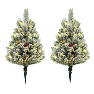 2-Pack 29.5" Flocked Artificial Christmas Trees with Lights and Stakes, Indoor Outdoor Xmas Decor | Target