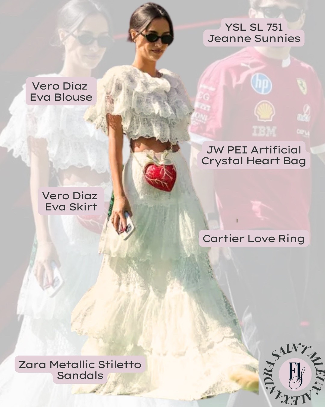 Alexandra Saint Mleux brought a touch of sparkle to free practice at the Mexican GP in a frilly white Vero Diaz set paired with a crystal heart bag from JW PEI. Feminine meets playful in the best way for a standout paddock look that’s catching eyes in Mexico City.


#AlexandraSaintMleux #CharlesLeclerc #MexicanGP #F1Styled #VeroDiaz #JWPEI #F1WAGStyle #WAGStyle #f1wag #f1wagfashion #TracksideStyle #PaddockFashion #MexicoCityStyle #F1Fashion