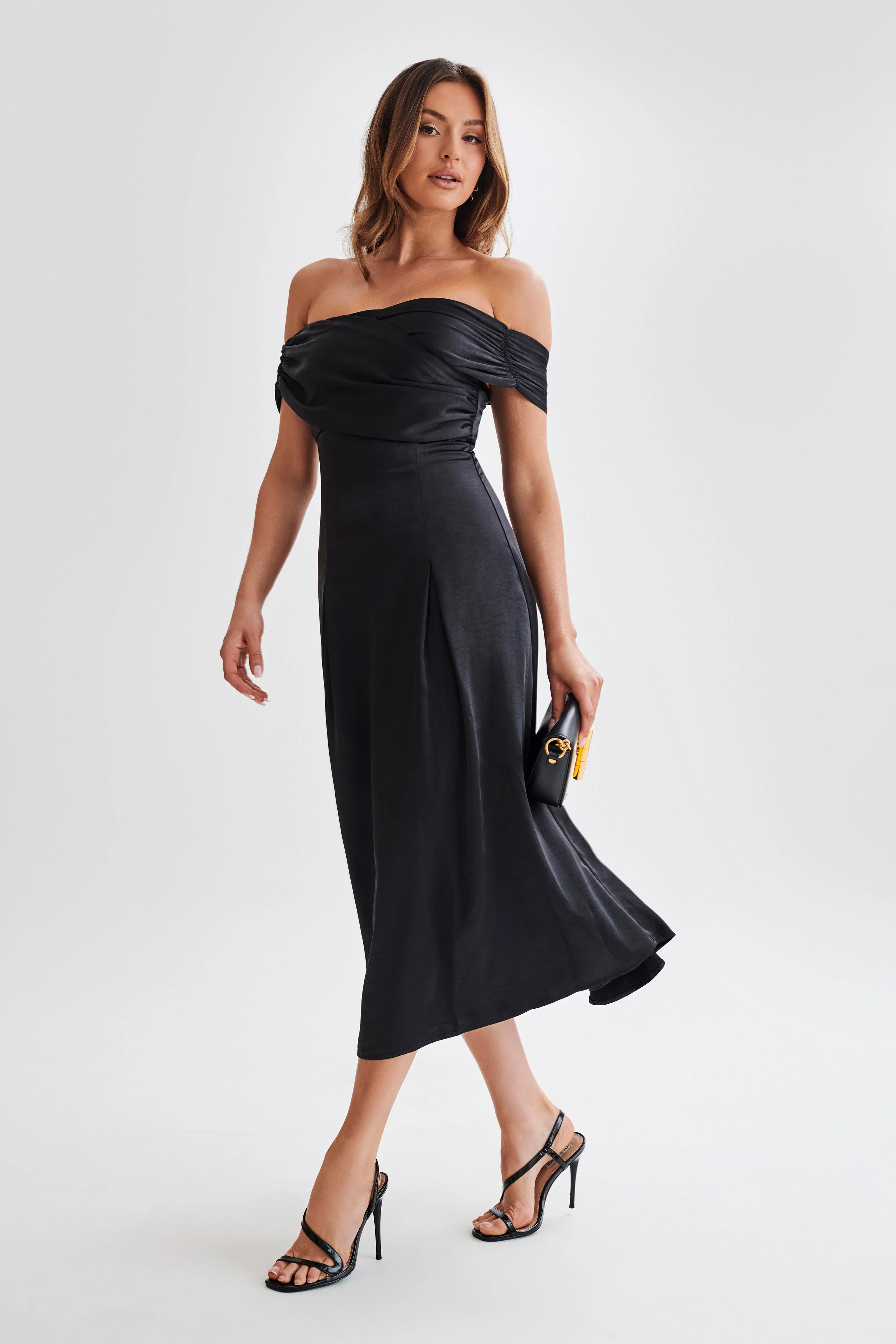 Sofie Off Shoulder Midi Dress - Black | MESHKI US