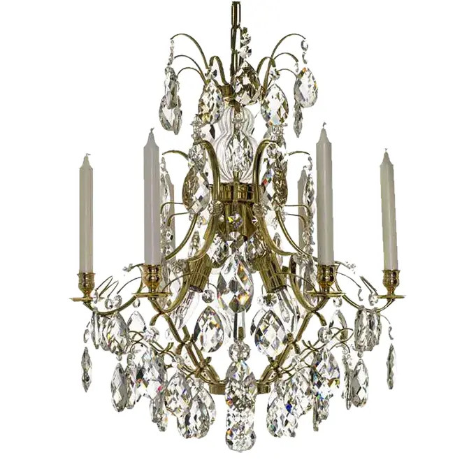 Classic Polished Brass 6 Arm Baroque Style Chandelier With Almond Crystals | Chairish