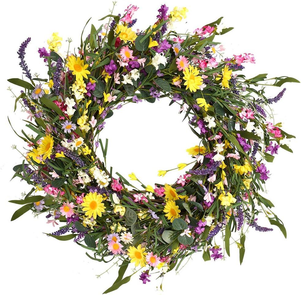 J'FLORU Spring Wreath,24" Spring Wreaths for Front Door Artificial Summer Flower Wreath with Dais... | Amazon (US)