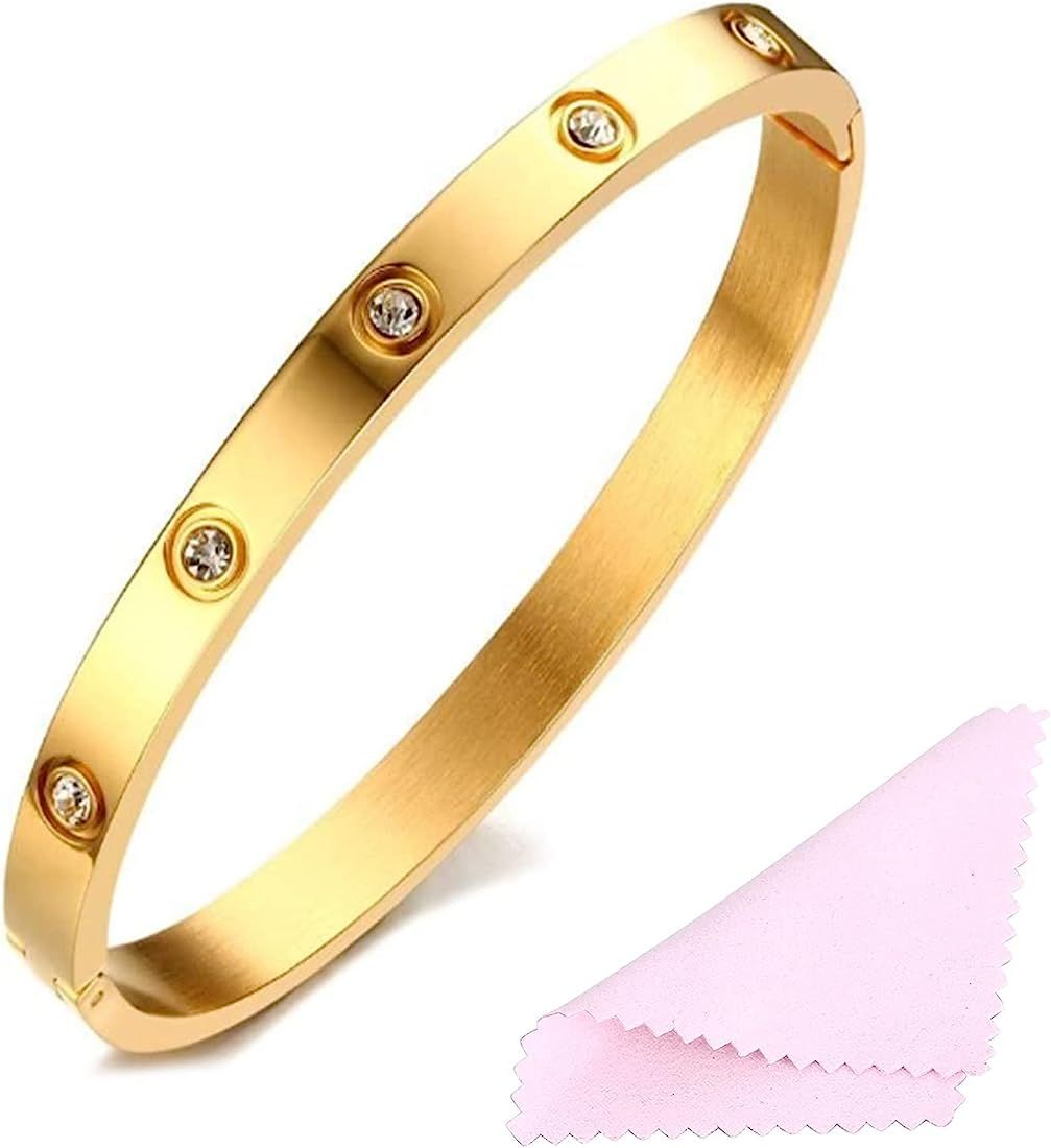 Women's Stainless Steel Bracelet Jewelry Crystal Bracelet With Cube Zircon Hinge Jewelry oval Bangle | Amazon (US)