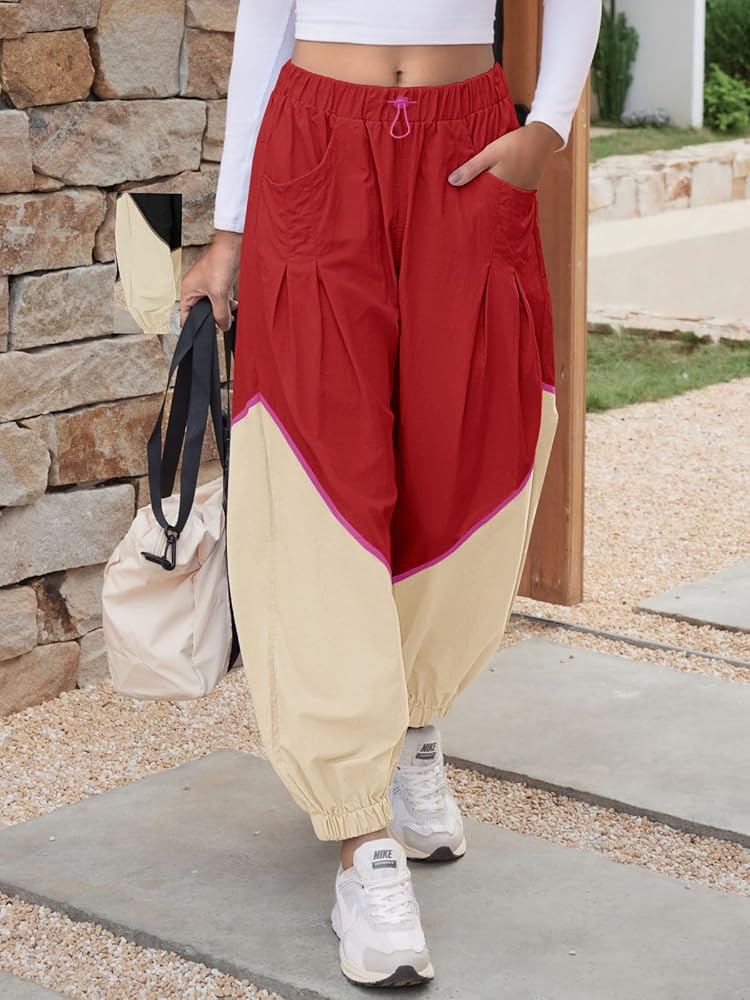 Fisoew Womens Baggy Wide Leg Pants Casual Elastic Waist Color Block Loose Workout Track Pants wit... | Amazon (US)