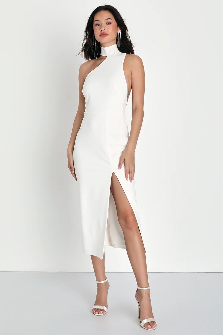 Keep It Interesting Ivory Asymmetrical Cutout Halter Midi Dress | Lulus (US)