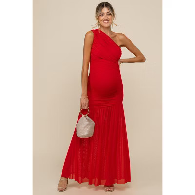 Pinkblush Red Ruched Mesh One Shoulder Maternity Maxi Dress Small | Target