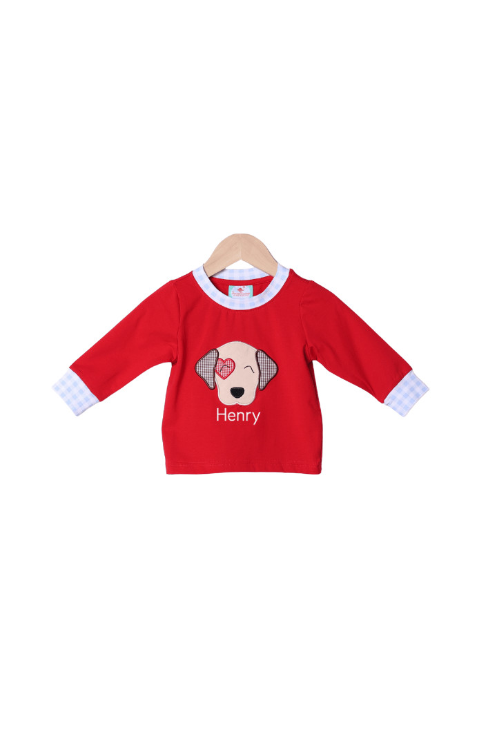 Applique Puppy Love Red Knit/Gingham Shirt | The Smocked Flamingo