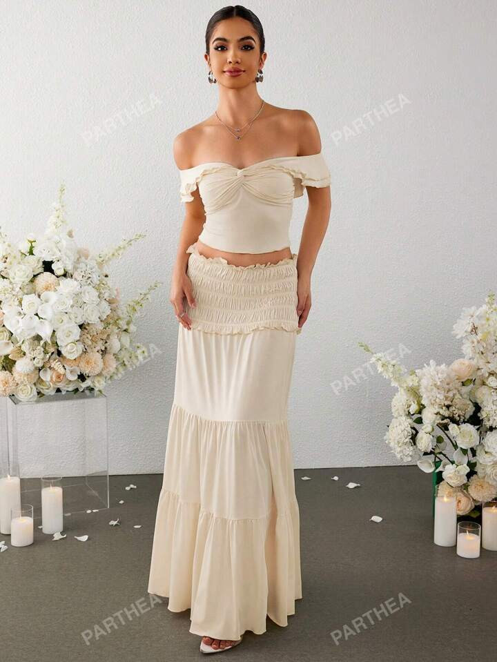PARTHEA Off Shoulder Ruched Twist Fron Crop Top & Low Waist Ruffles Skirt Set | SHEIN