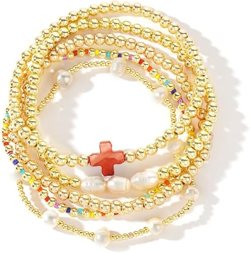14K Gold Pearl Beaded Cross Bracelets Stack Set for Women,Stretch Boho Colorful Christian Beads B... | Amazon (US)