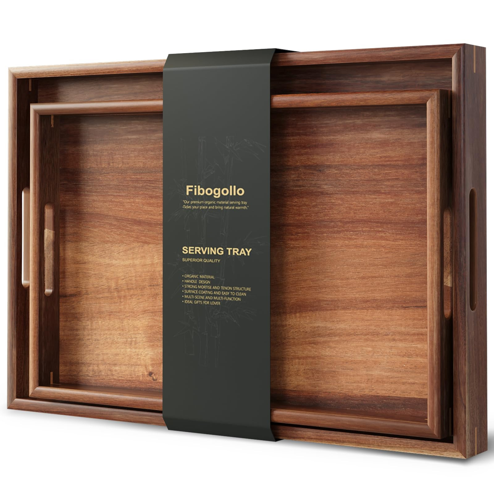 Set of 2 Acacia Wood Serving Tray with Handles,Decorative Trays Platter,Breakfast Tray in Bed,Foo... | Amazon (US)