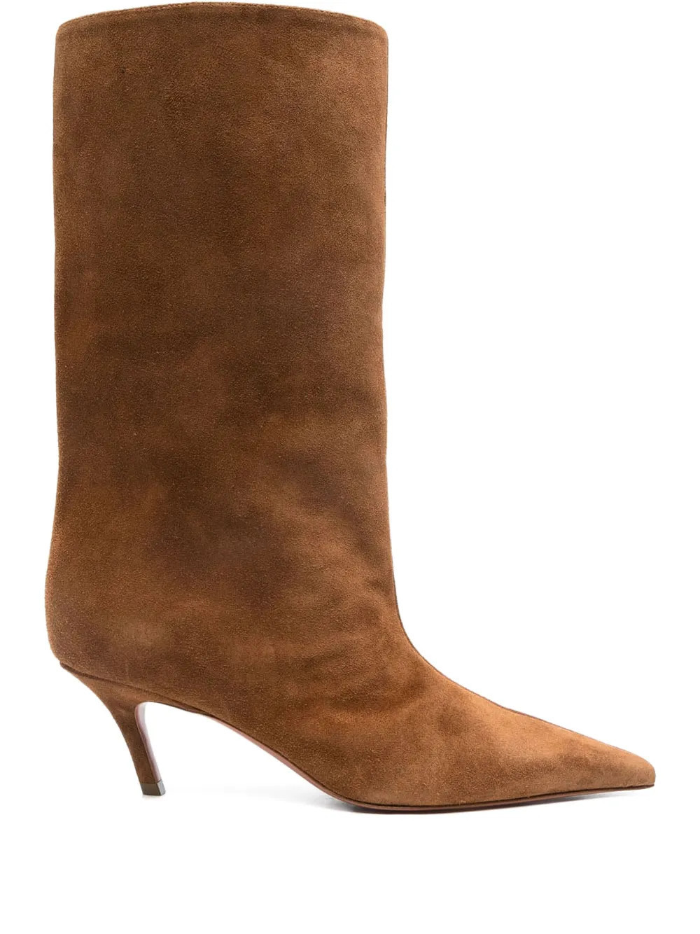 Amina Muaddi 60mm Fiona suede pointed-toe knee-high boots - Brown | Farfetch Global