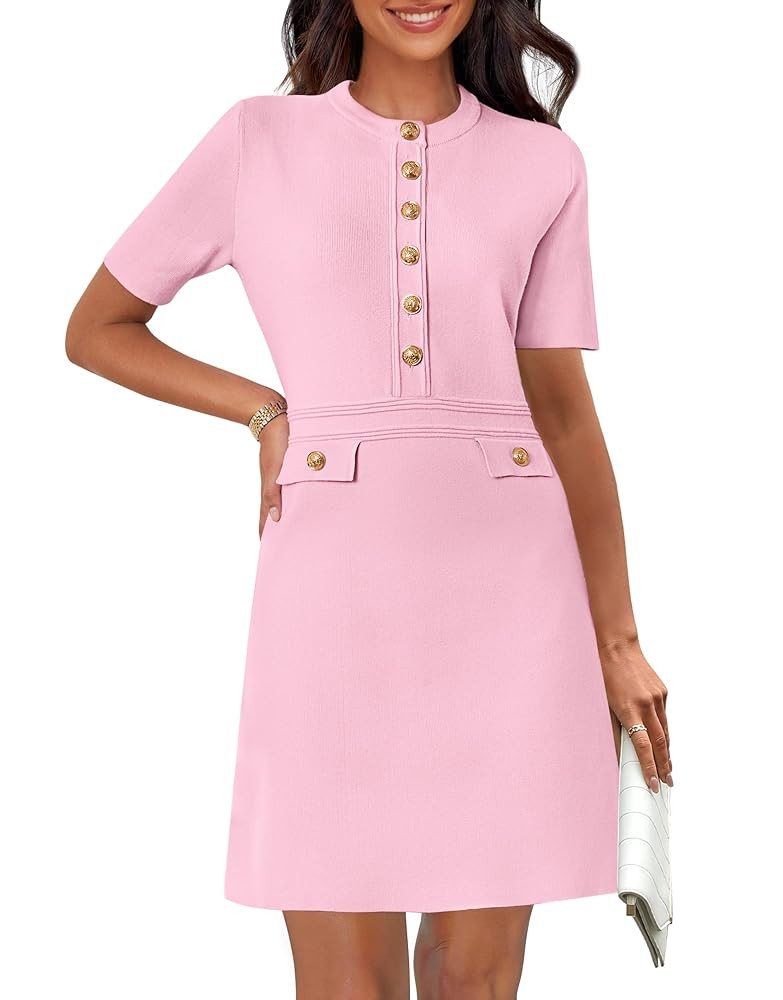 MEROKEETY Women's Knit Bodycon Sweater Dress Button Short Sleeve Crew Neck Elegant Formal Mini Dr... | Amazon (US)