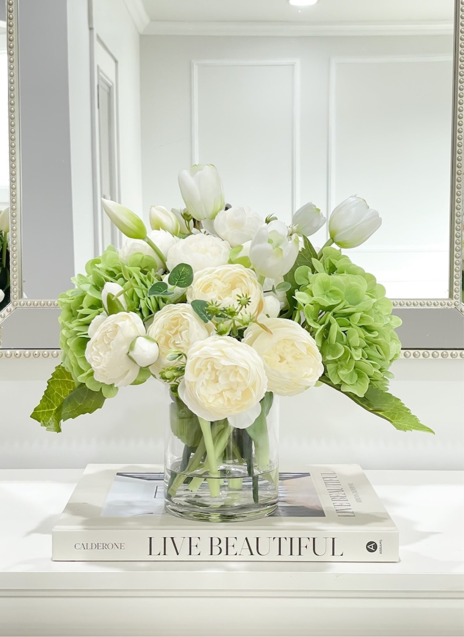 Loving this French Country Peony Arrangement in Vase, White Floral Arrangement, Real Touch Green Hydrangea Centerpiece, White Tulip Peony for Home Decor