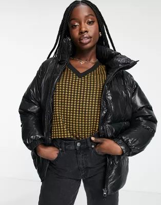 Monki high shine nylon padded jacket in black | ASOS (Global)