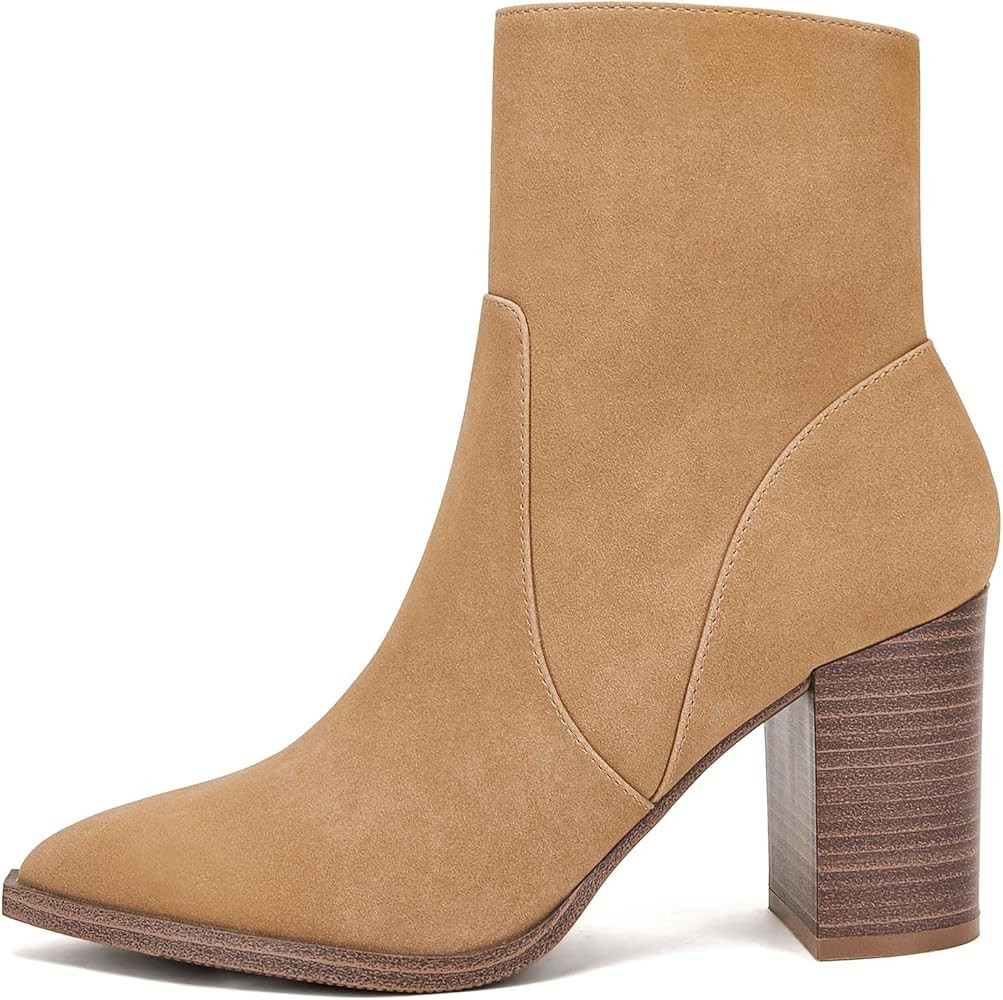 LAICIGO Women's Pointed Toe Ankle Boots Chunky Stacked Heel Side Zipper Faux Leather Ankle Bootie... | Amazon (US)