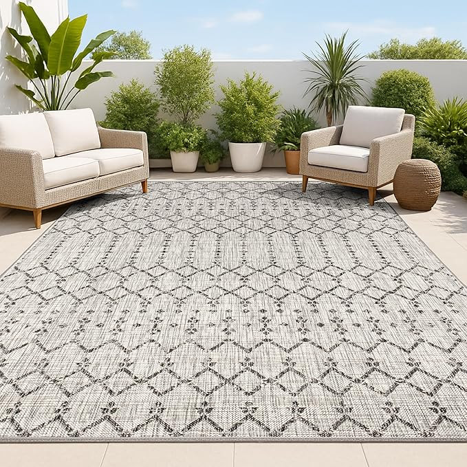 JONATHAN Y Moroccan Geometric Indoor Outdoor Area Rug 8X10 Light Gray/Black, Ourika Textured Weav... | Amazon (US)