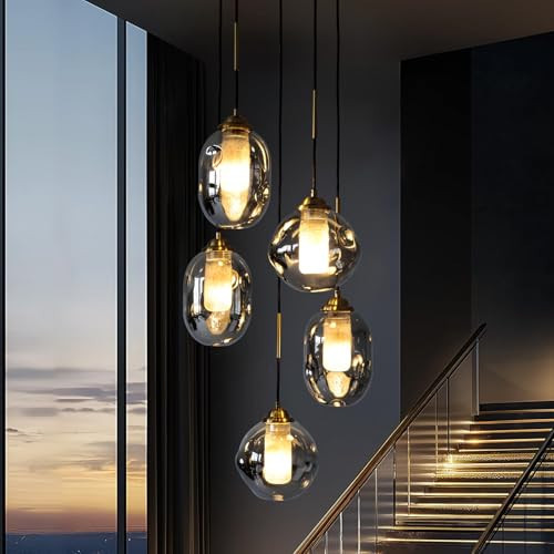7PMBEANE Staircase Modern Glass Globe Pendant Light,5 Light Globe Cluster Chandelier with Frosted Smoke Gray Glass Shades,Black Chandelier High Ceiling Lights Fixtures for Dining Room,Entryway | Amazon (US)