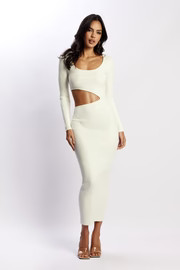 Gaia Cut Out Asymmetric Knitted Midi Dress - White | MESHKI US