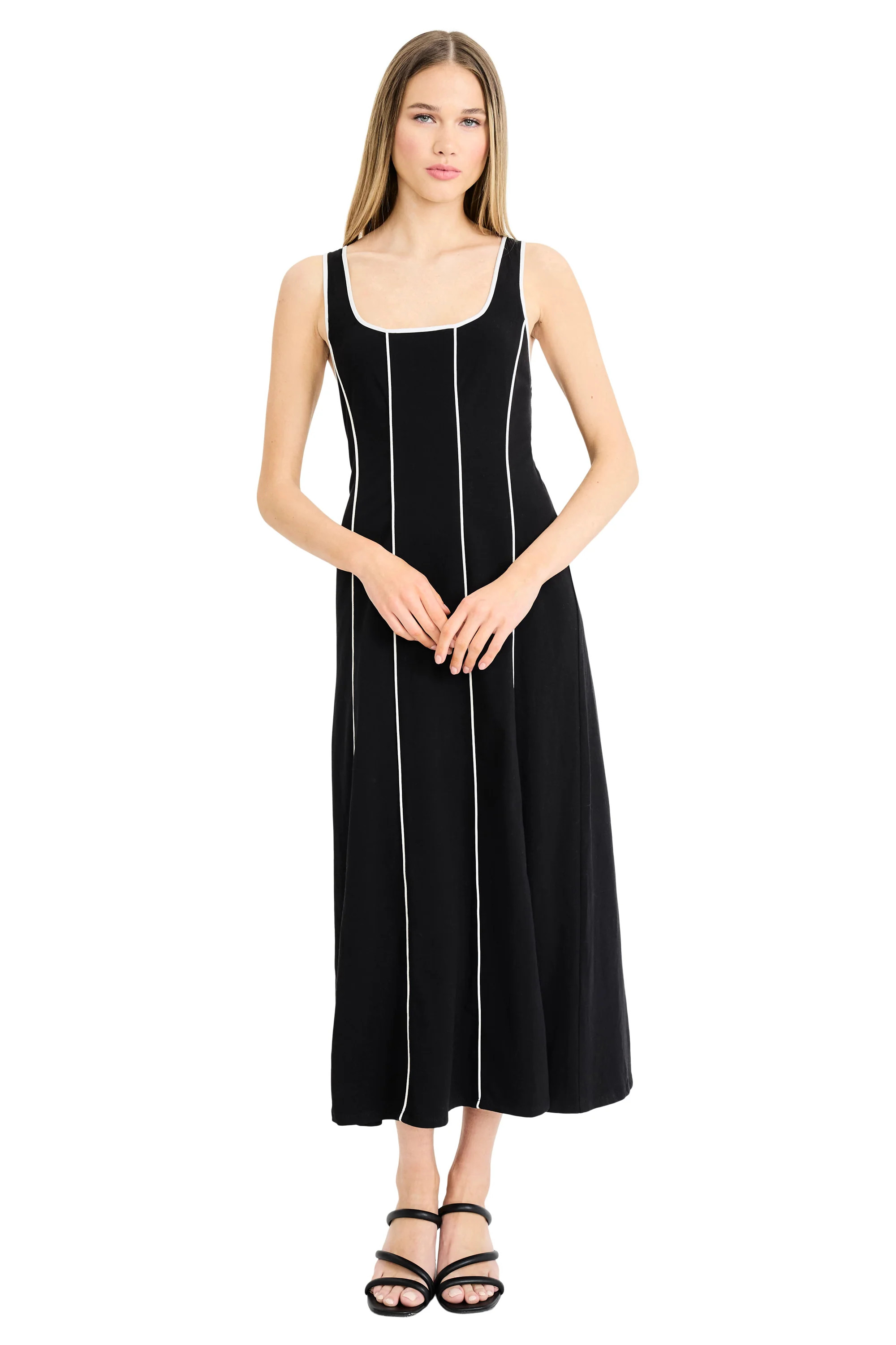 Brienne Contrast Piped Column Midi A-Line Sleeveless | Donna Morgan | Maggy London