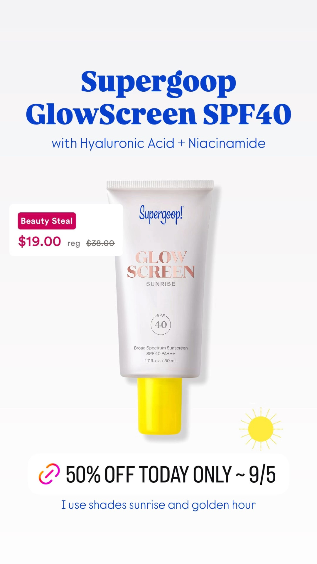 Supergoop glow screen is 50% off today only!! (9/5) I use shades sunrise and golden hour

#LTKSaleAlert