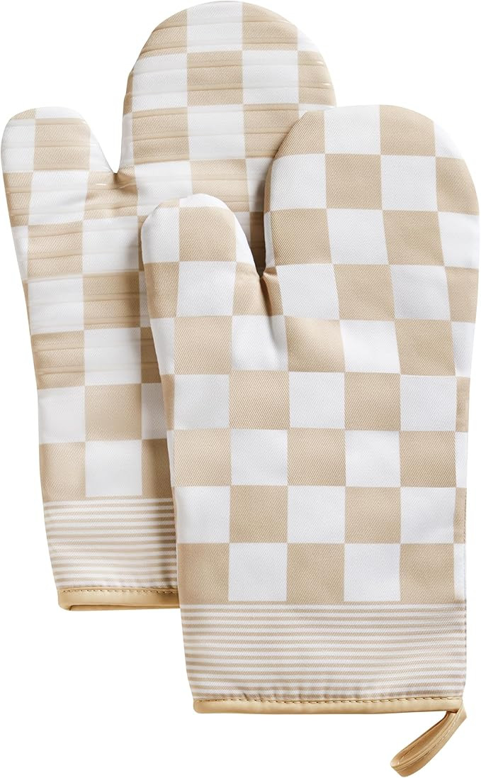 Beige Checkered Oven Mitts Heat Resistant, Vintage Retro Checkerboard Cute Oven Mitts, Non-Slip S... | Amazon (US)
