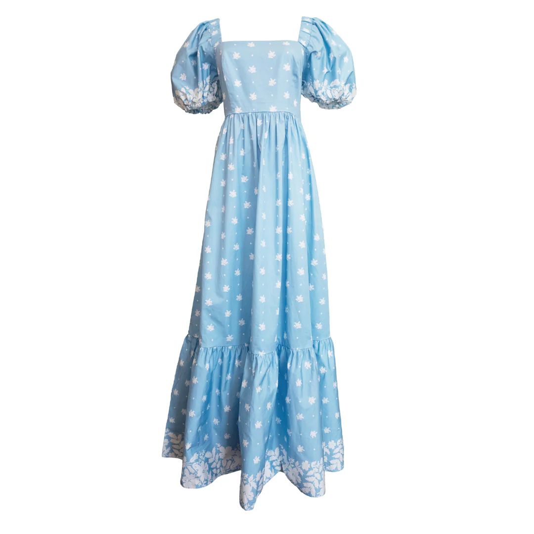Puff Sleeve Maxi Dress, Blue Ditsy Cotton Poplin | The Avenue