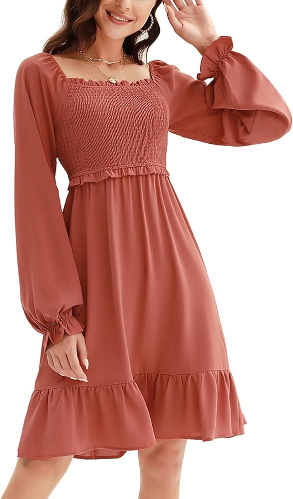 CURLBIUTY Womens Long Sleeves Off Shoulder Smocked Ruffles Casual Mini Dress | Amazon (US)