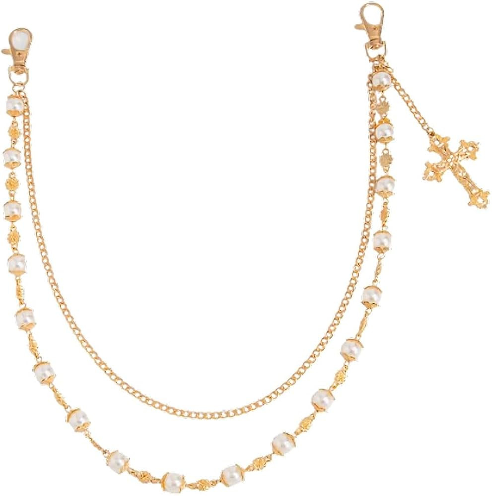 Double-Layer Pants Chain with Imitation Pearl and Floral Design, Keychain, Wallet Waist Chain, Ba... | Amazon (US)